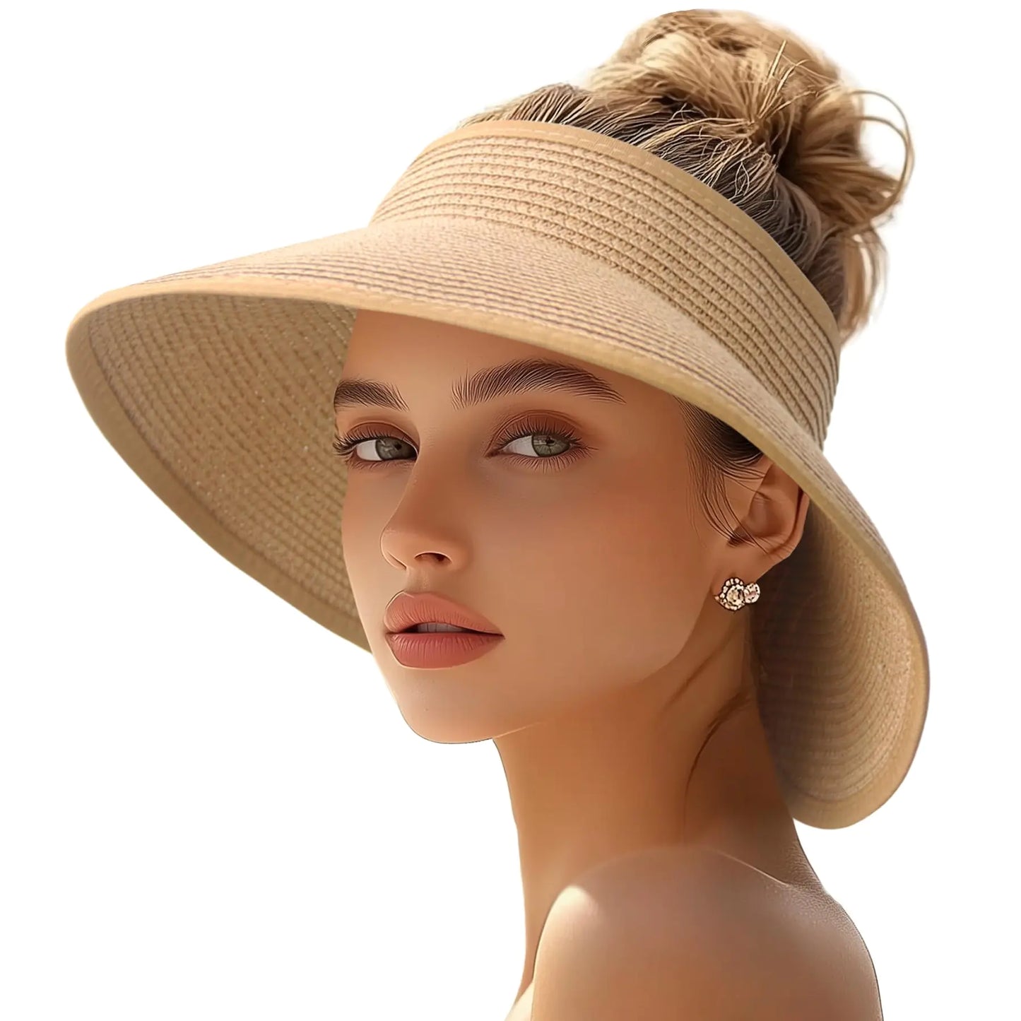 JYxingchi Sun Visor Hats for Women Straw Wide Brim Roll Up Foldable Beach Hat Summer UV Protection Ponytail Hat Pure Khaki