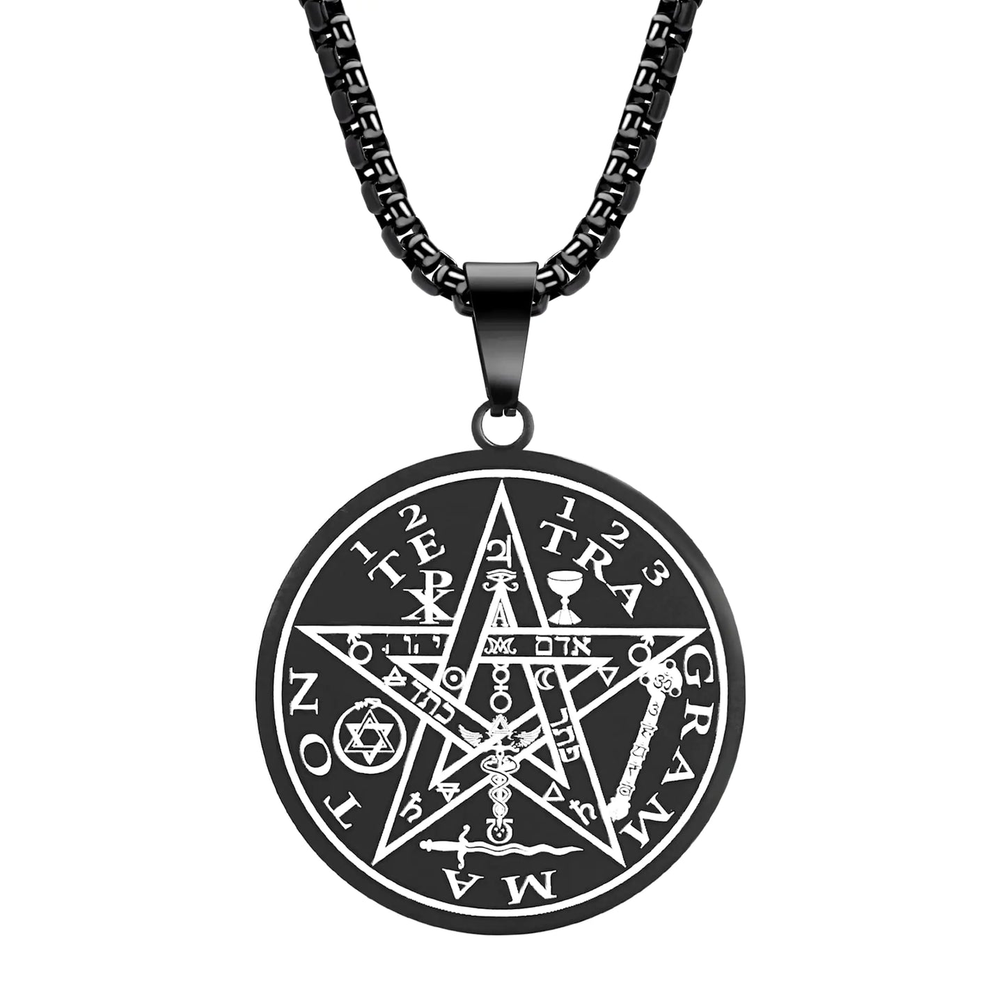 Yaumatea Tetragrammaton Pentacle Necklace for Men Pentagram Protection Amulet Wicca Five-pointed Star Ancient Power Name of God Stainless Steel 24 inches (Black)