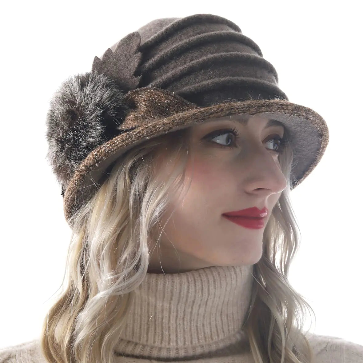 Womens Wool Dress Church Cloche Hat Bucket Winter Floral Hat (Brown)