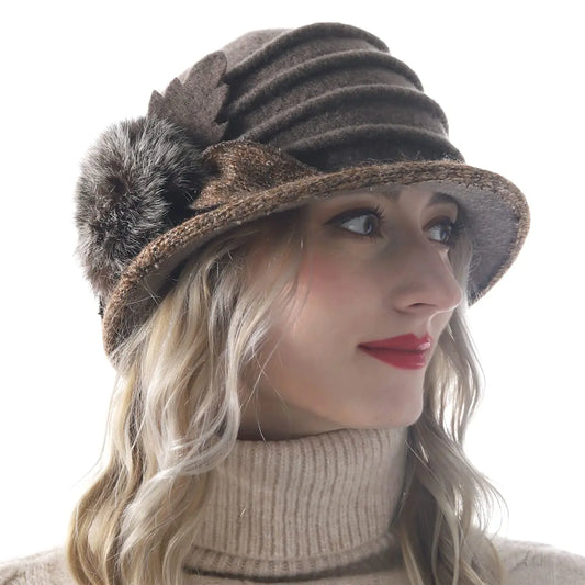 Womens Wool Dress Church Cloche Hat Bucket Winter Floral Hat (Brown)