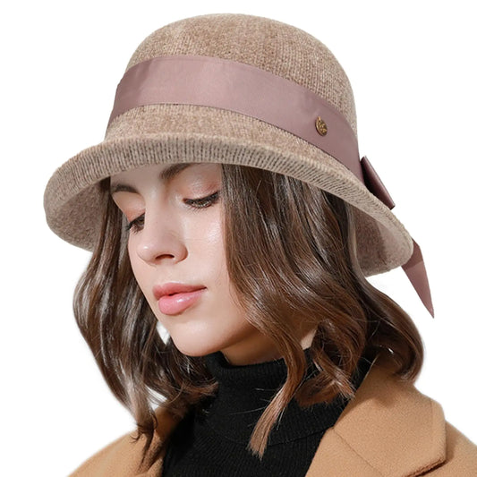 Womens Cloche Hat Winter Knit 1920s Vintage Bucket Bowler Hat with Elegant Bowknot Warm Hat