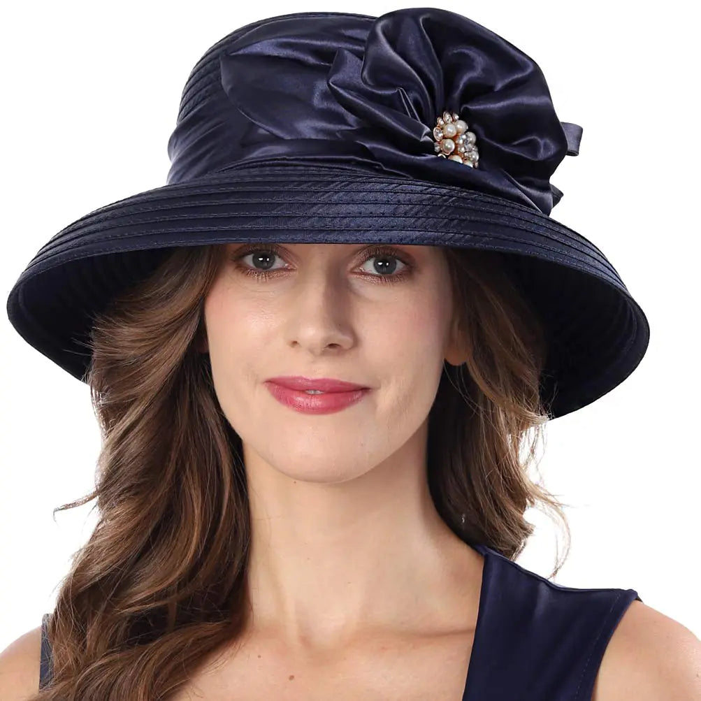FORBUSITE Church Hats for Women Kentucky Derby Hats 1950s 20s with Rhinestone Wide Brim Navy Blue